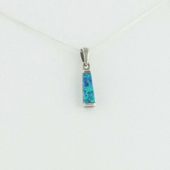 Sterling Silver Created Imitation Blue Green Opal Necklace 18 inch chain - Picture 5 of 8